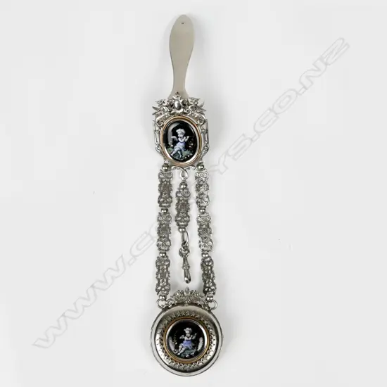 A 19thC French silver plate and enamel watch chatelaine