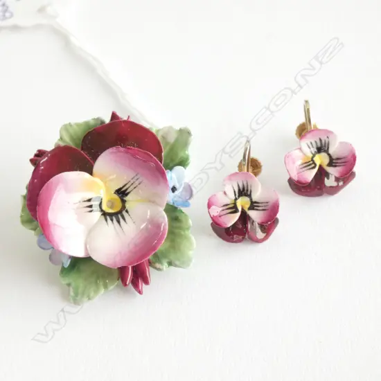ROYAL WORCESTER BONE CHINA FLORAL SCRUPLES BROOCH & SCREW EARRINGS -  ORIGINAL BOXES