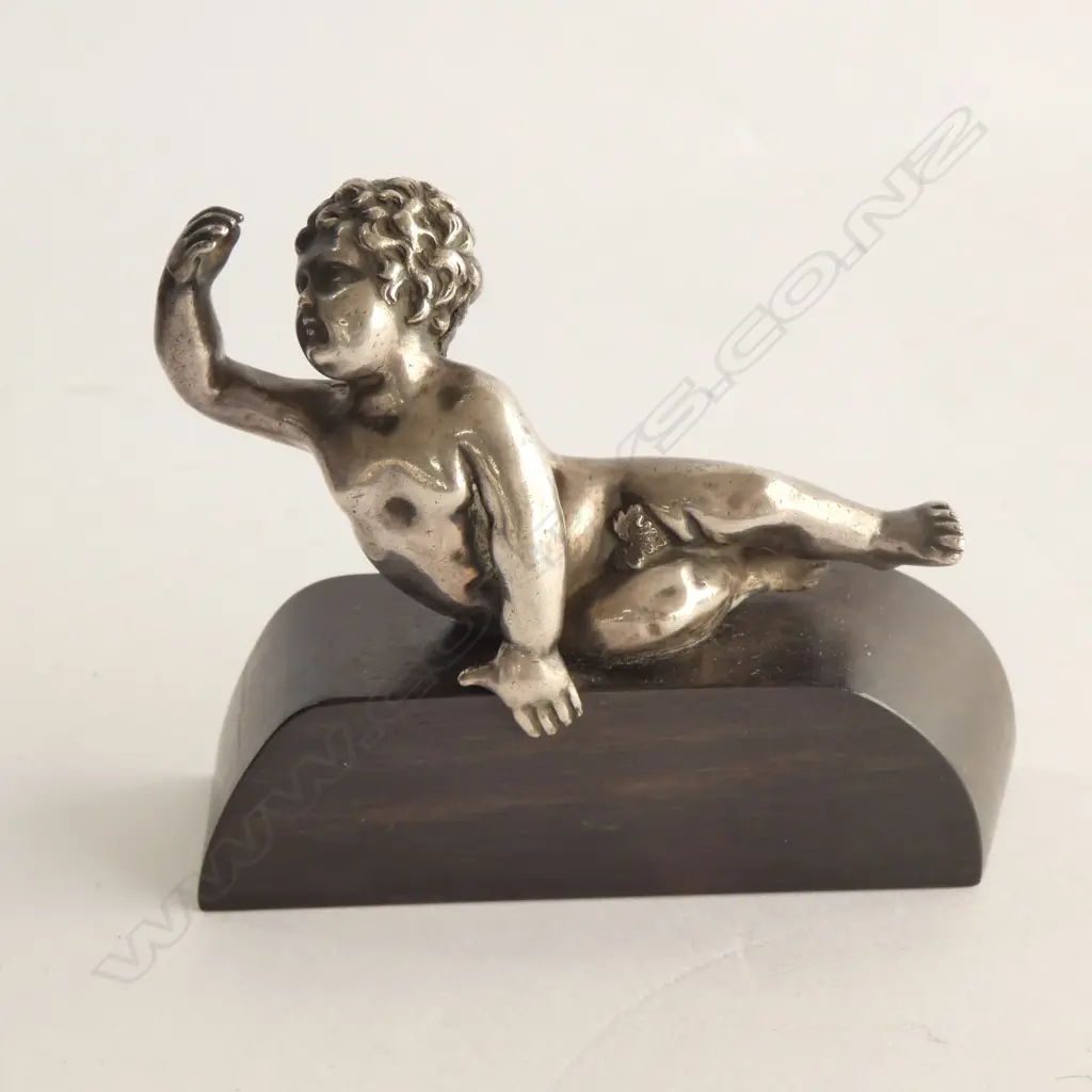 ANTIQUE SILVER FRENCH SMALL CHERUB ON EBONY STAND Image 1++