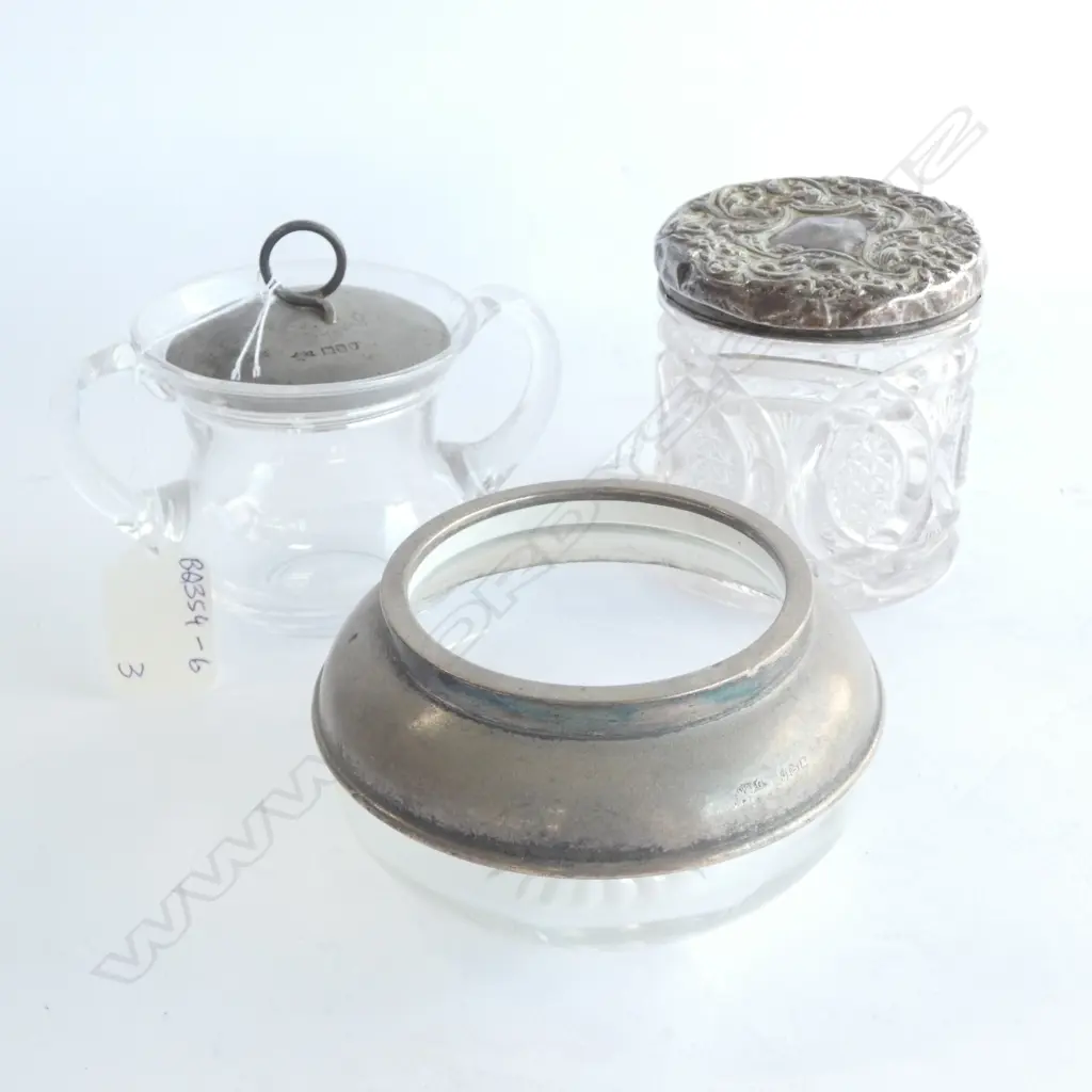 THREE GLASS & STG. SILVER CONTAINERS. HIGHEST 80MM. ALL HAVE HALLMARKS Image 1++