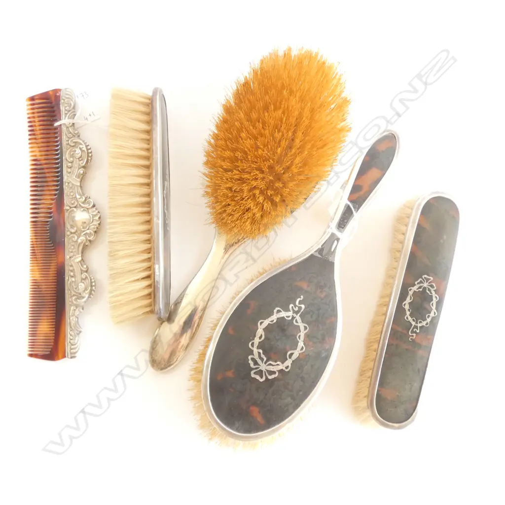 SET OF 4 STG SILVER & TORTOISESHELL BRUSHES, B'HAM 1917 + 1 OTHER Image 1++
