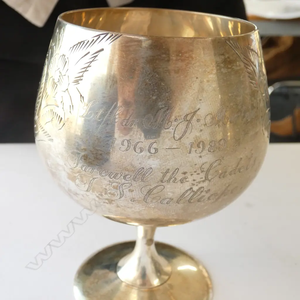 SILVER PLATED TROPHY, ELEPHANT HEAD HANDLES, H. 220MM, 2 CASED ENGRAVED PLATED GOBLETS Image 1++