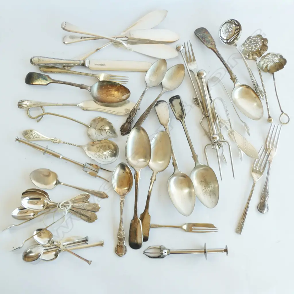 BAG OF ASSORTED SILVER PLATE CUTLERY + ONE STG JAM SPOON Image 1++
