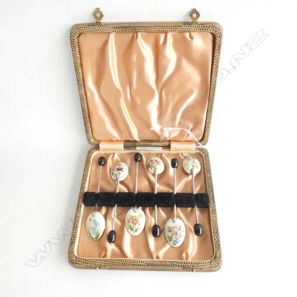 6 CASED ENAMELLED & STG SILVER COFFEE SPOONS W COFFEE BEAN, BIRMINGHAM 1936, 55GM Image 1++