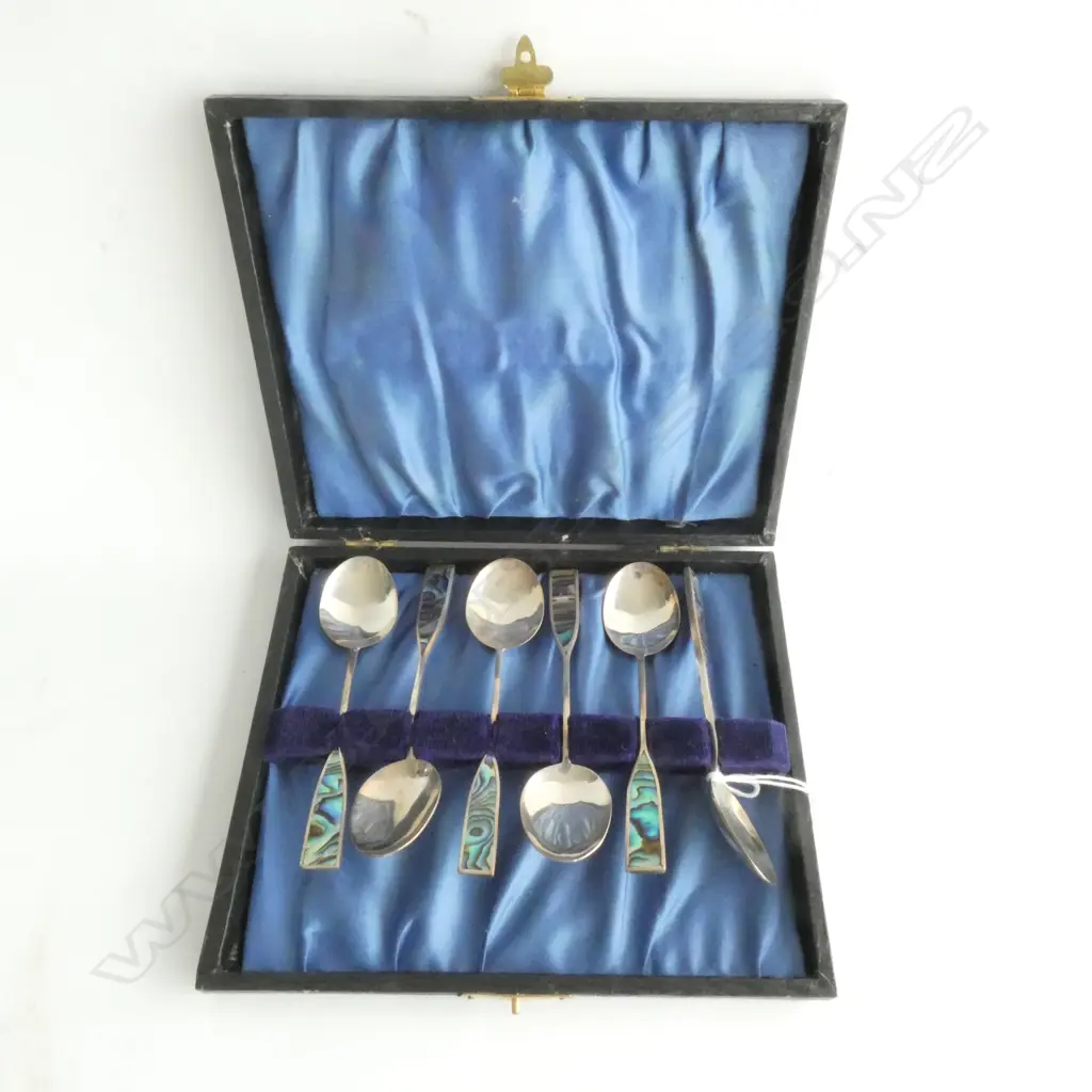 (19645) set 6 NZ SILVER & PAUA COFFEE SPOONS Image 1++