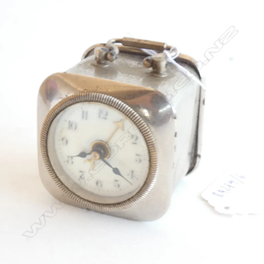 SMALL VINTAGE GERMAN ZINC CASED TRAVEL CLOCK w ALARM (NEEDS KNURLED NUT ON ALARM ADJUSTMENT)  Image 1++