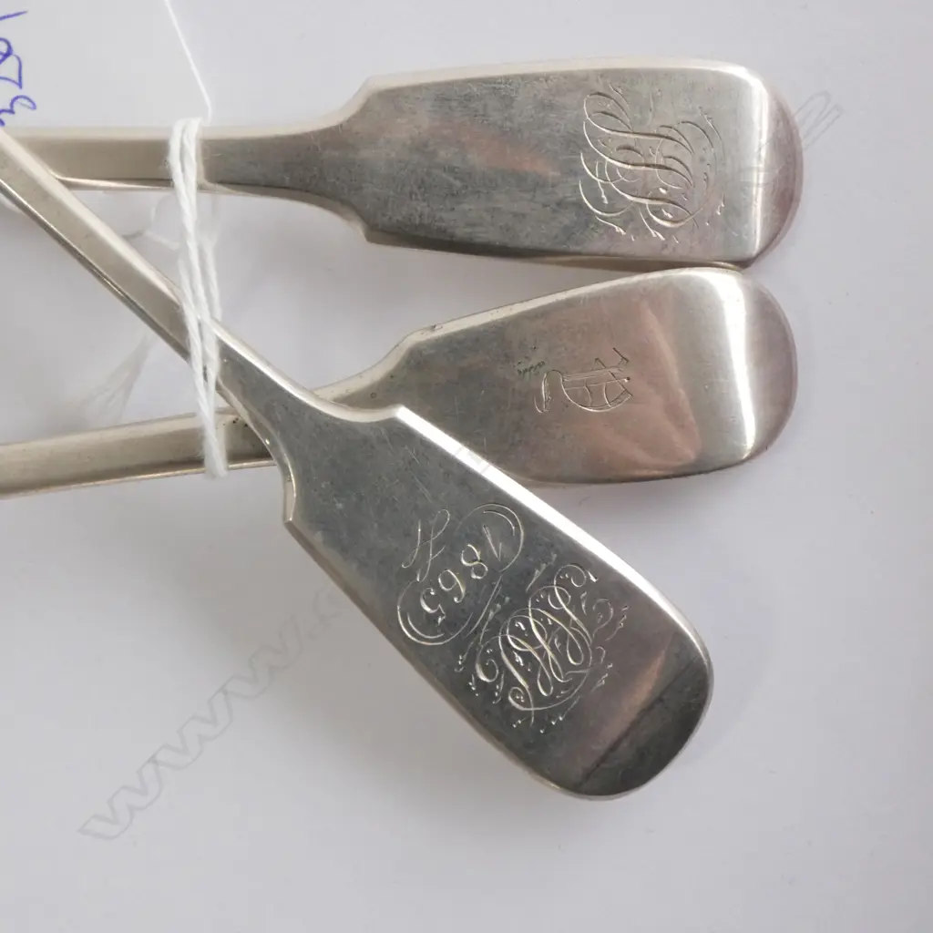3 STG SILVER DESSERT SPOONS; 2 EXETER 1868 THOMAS STONE 131 GRAMS Image 1++