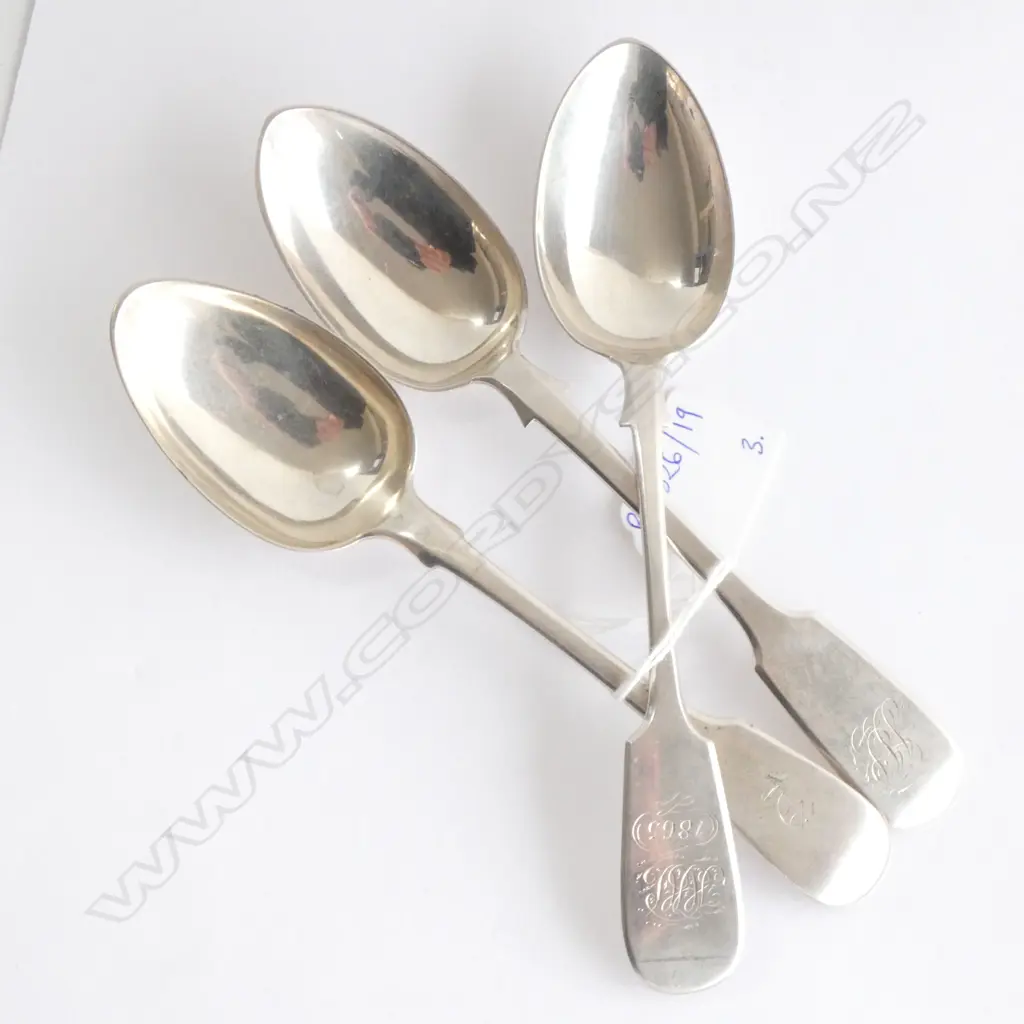 3 STG SILVER DESSERT SPOONS; 2 EXETER 1868 THOMAS STONE 131 GRAMS Image 1++