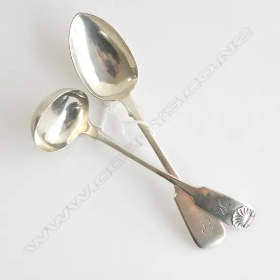 2 STG SILVER SPOONS; EXETER 1860 & KINGS PATTERN LADLE CHESTER 1837 60 GRAMS