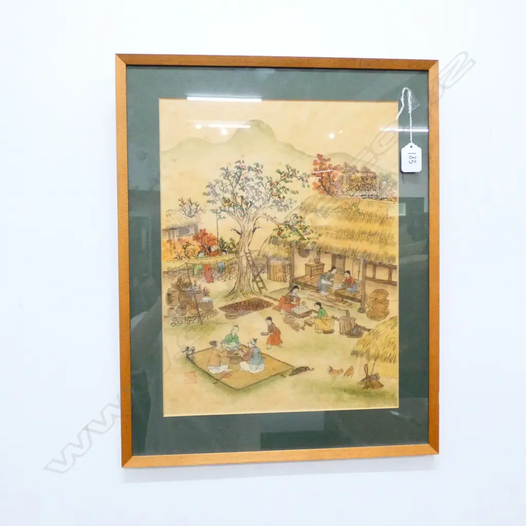 CHINESE HAND COLOURED ARTWORK VILLAGE COURTYARD 385 X 290mm Image 1++