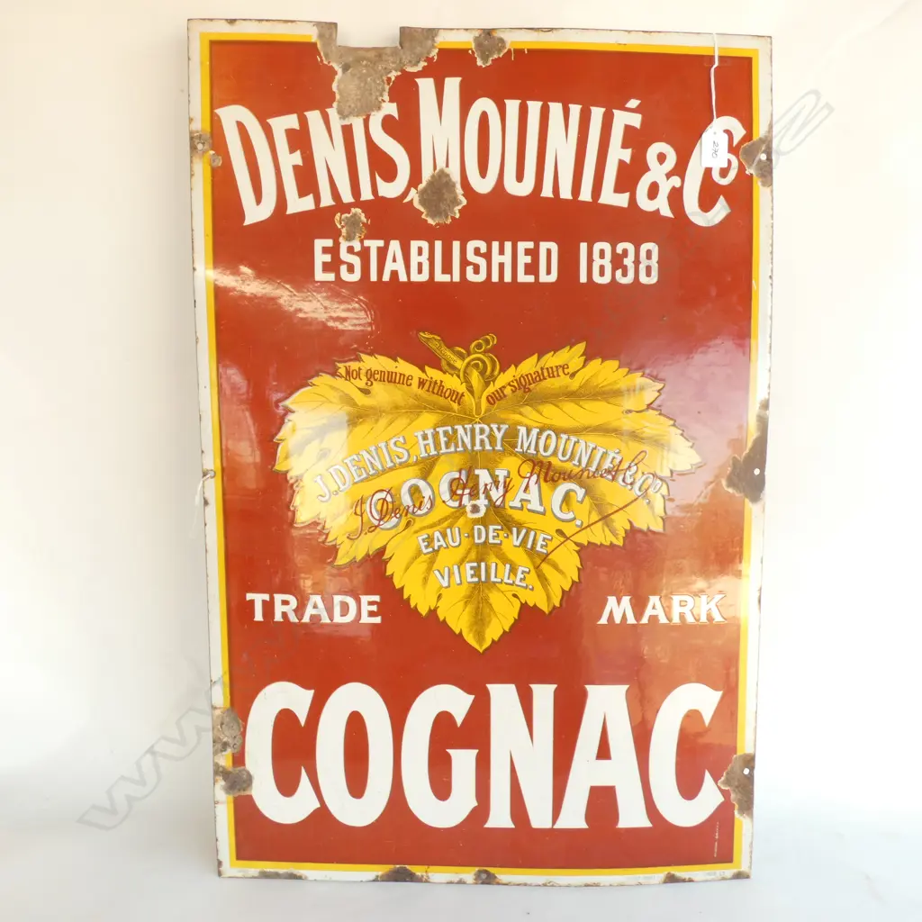 VINTAGE ENAMEL ADVERTISING SIGN, DENIS MOUNIE AND CO. COGNAC 815 X 530MM Image 1++