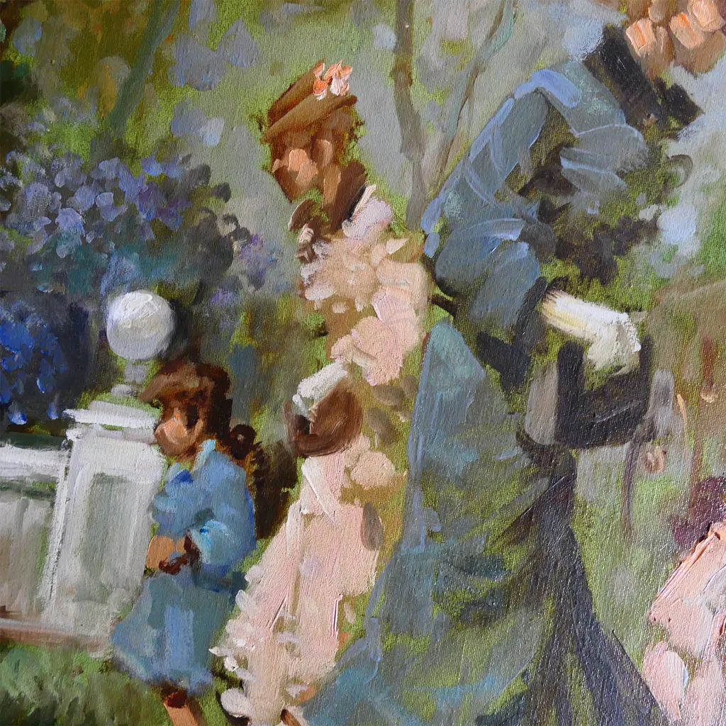 EDWARDIAN OIL ON CANVAS, FIGURES IN PARK, SIGNED VINCIR, ORNATE GILT FRAME Image 1++
