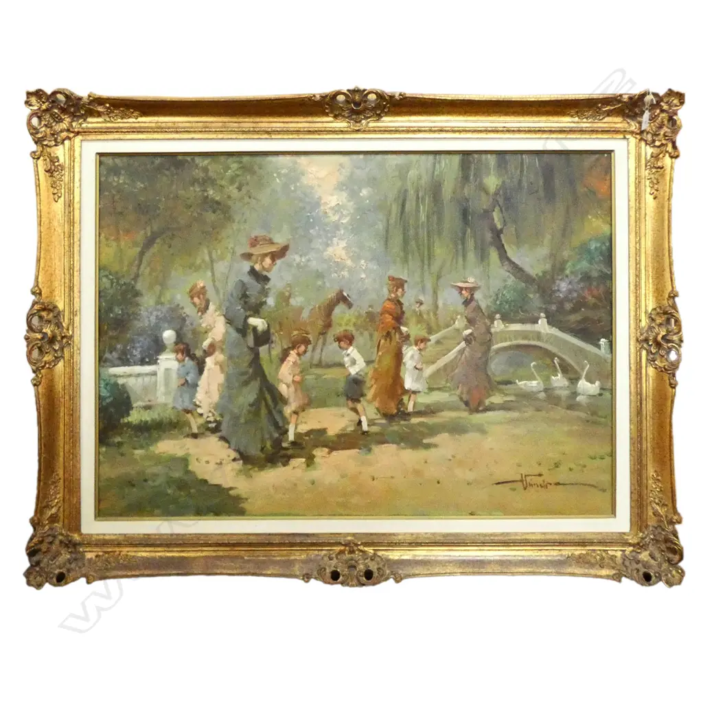 EDWARDIAN OIL ON CANVAS, FIGURES IN PARK, SIGNED VINCIR, ORNATE GILT FRAME Image 1++