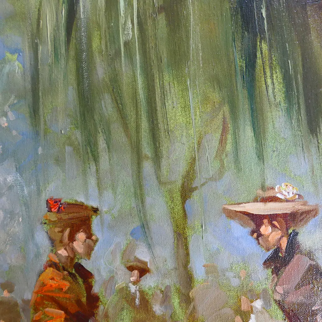 EDWARDIAN OIL ON CANVAS, FIGURES IN PARK, SIGNED VINCIR, ORNATE GILT FRAME Image 1++