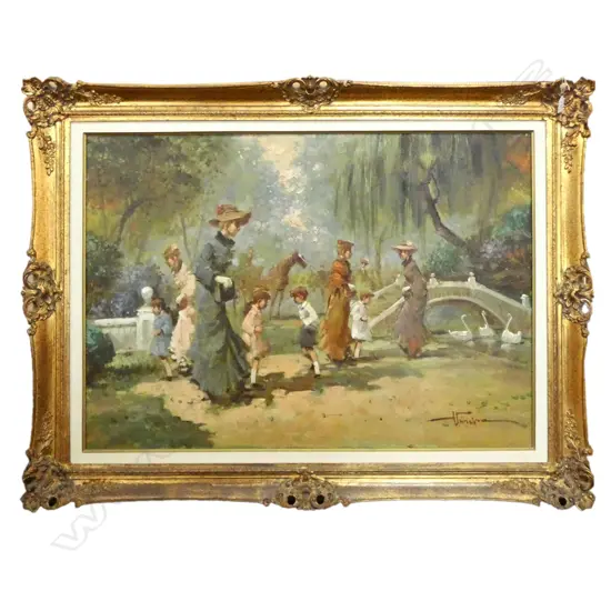EDWARDIAN OIL ON CANVAS, FIGURES IN PARK, SIGNED VINCIR, ORNATE GILT FRAME