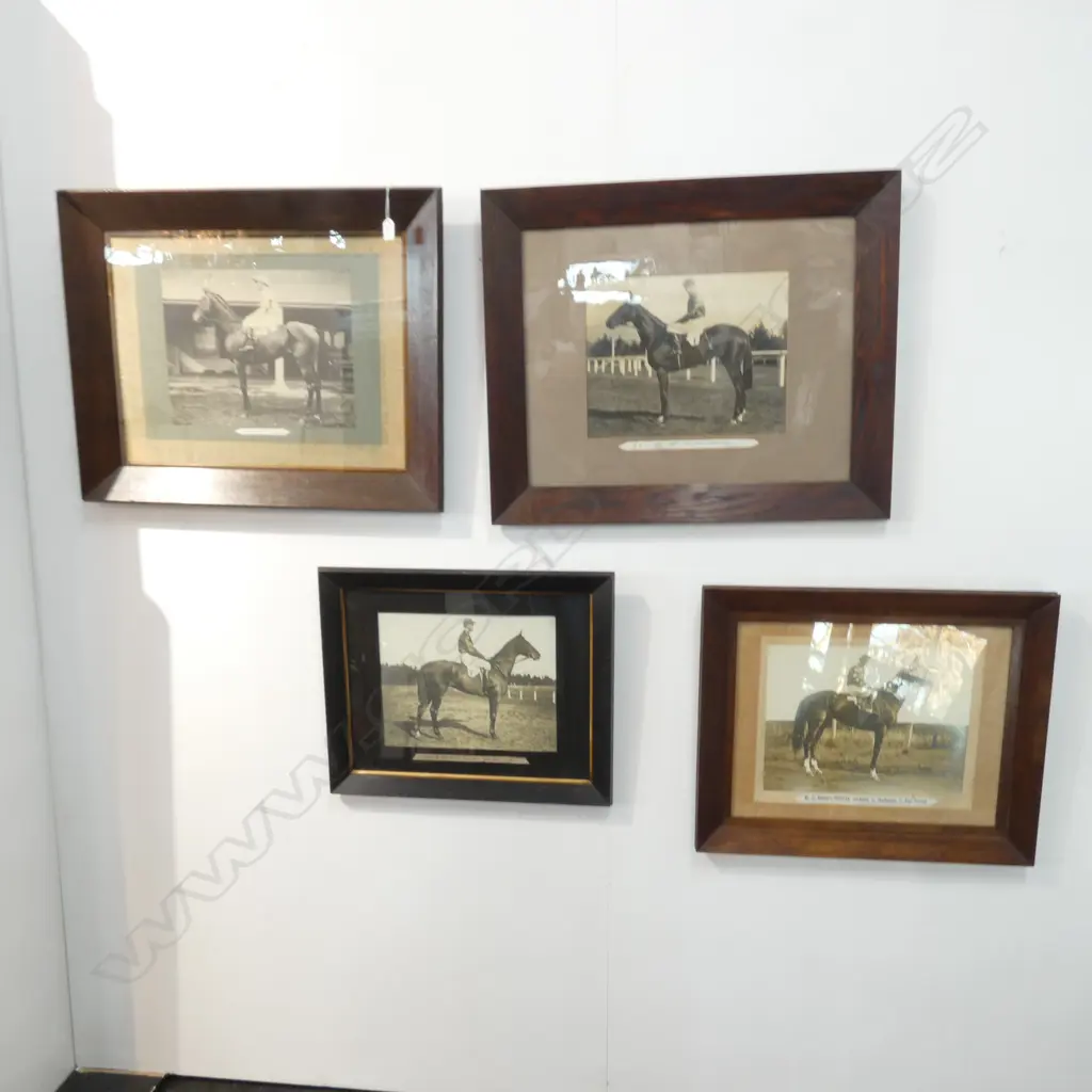 4 OAK FRAMED PHOTOGRAPHS OF THROUGHBRED RACEHORSES & JOCKEYS Image 1++