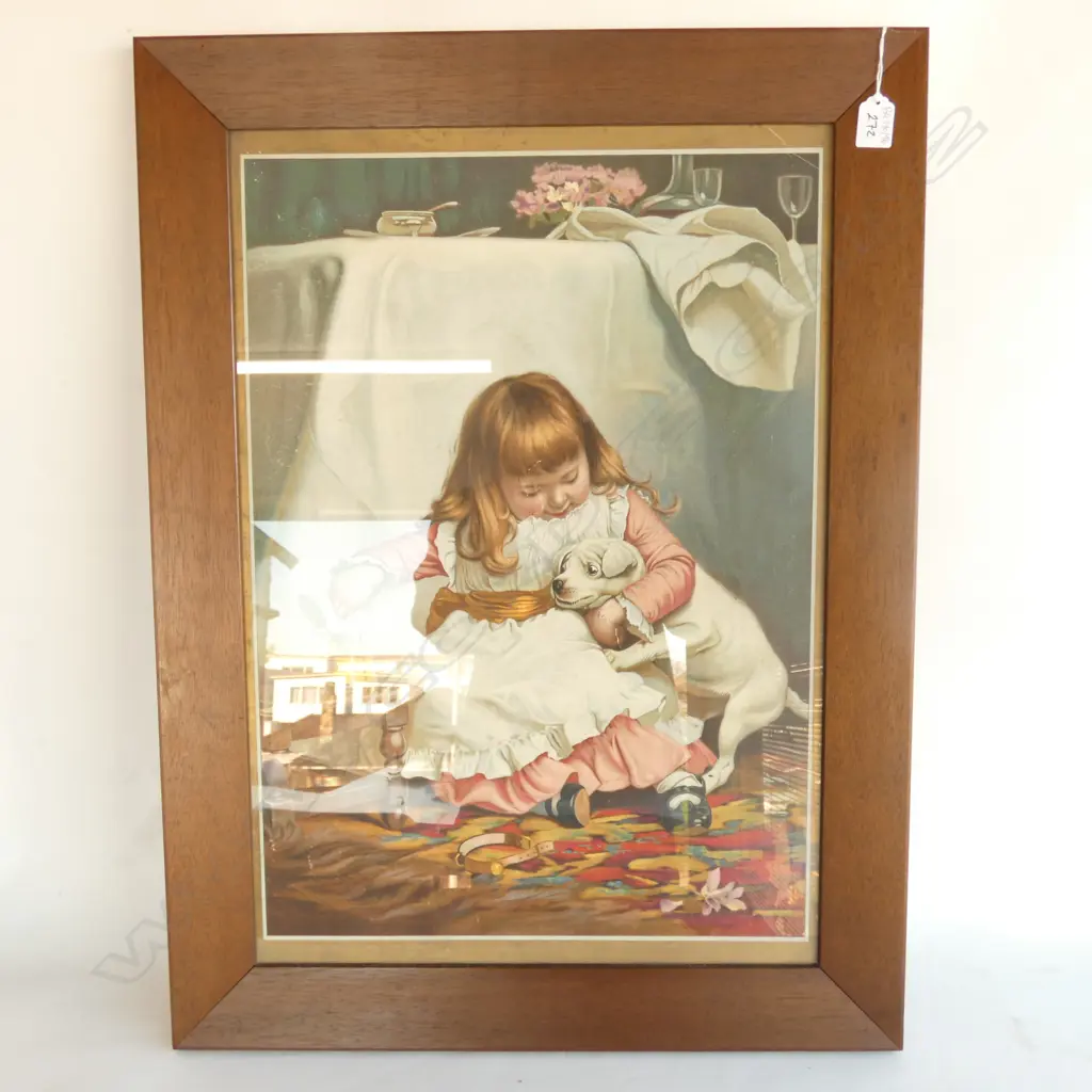 VICTORIAN PRINT GIRL FEEDING DOG OAK FRAME 600 X 425MM AF Image 1++
