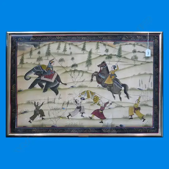 ACRYLIC PAINTED INDIAN  HUNTING SCENE ON SILK 720 X 470MM