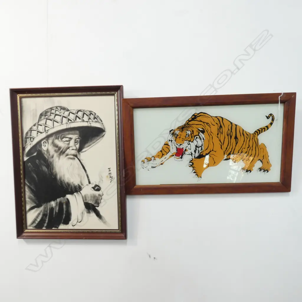 2 FRAMED ARTWORKS: TIGER & OLD MAN PIPE SMOKING Image 1++