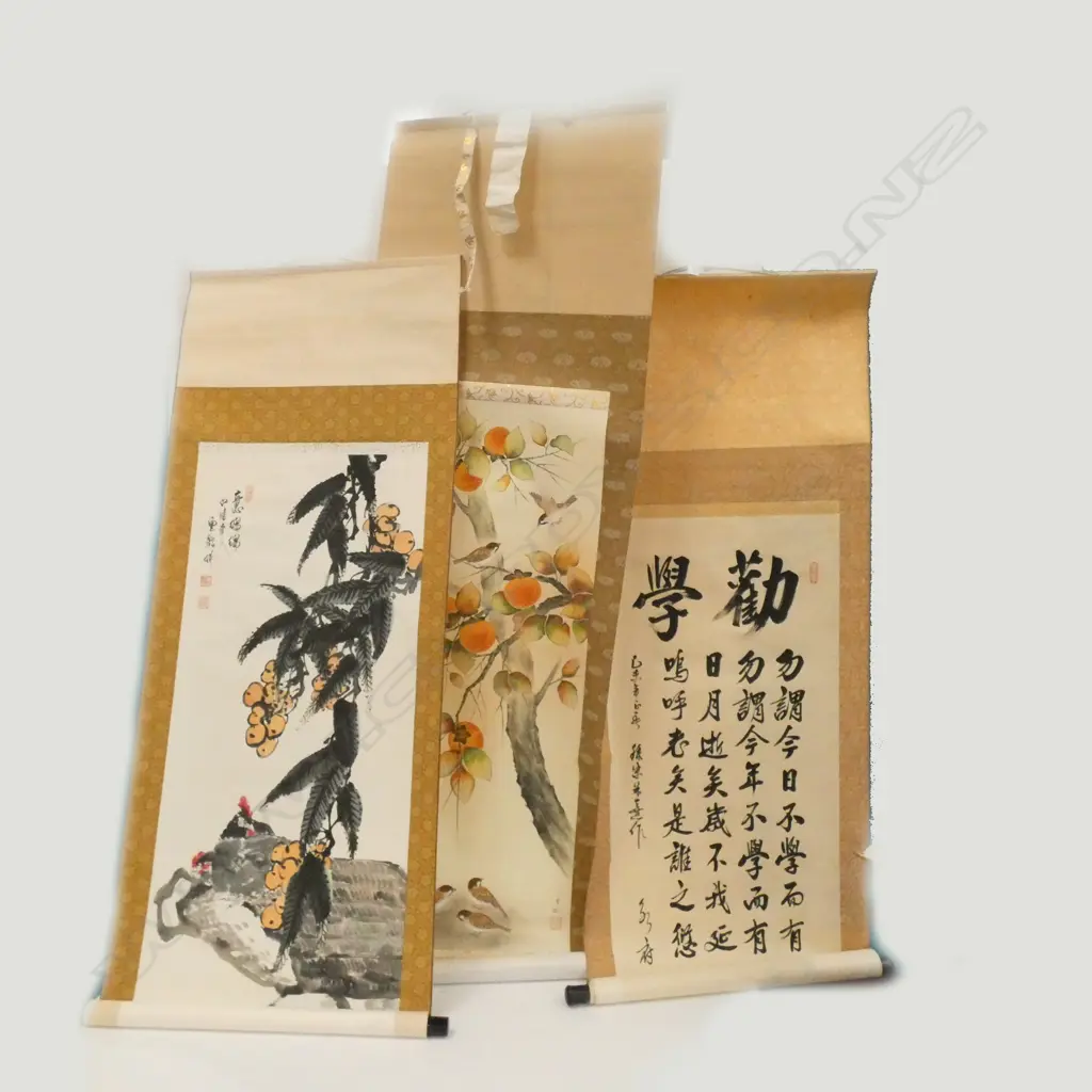 3 CHINESE SCROLLS; PAINTING PERSIMMON & BIRDS (1150 X 680MM) Image 1++
