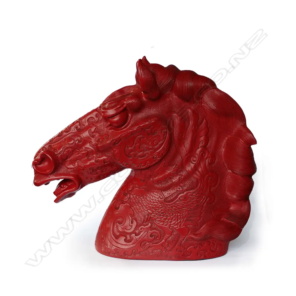 LGE DECORATIVE RED CINNABAR LACQUER? HORSES HEAD, H.480mm Image 1++