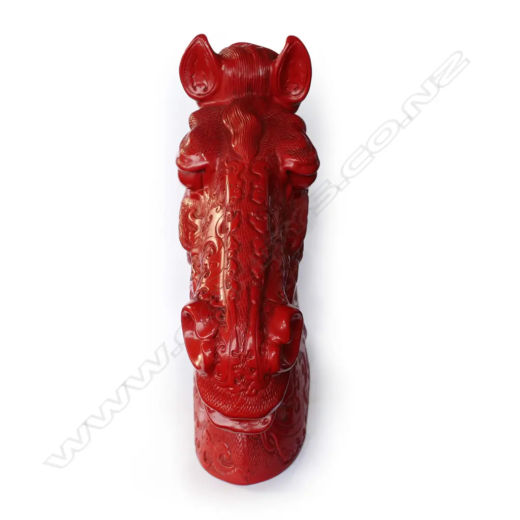 LGE DECORATIVE RED CINNABAR LACQUER? HORSES HEAD, H.480mm Image 1++