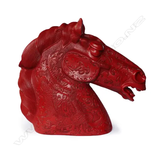 LGE DECORATIVE RED CINNABAR LACQUER? HORSES HEAD, H.480mm