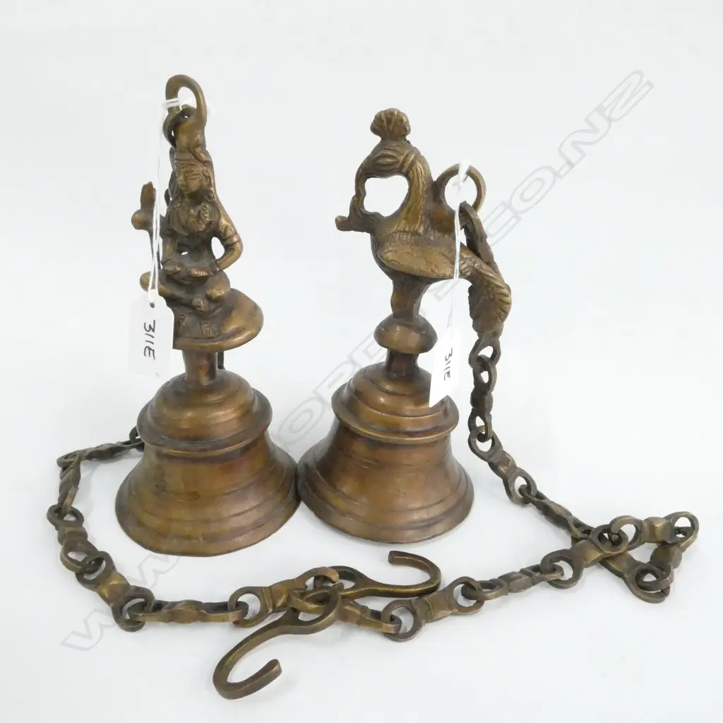 2 NEPALESE BRASS TEMPLE BELLS BIRD / BODHISATTVA FINIAL H. 200MM Image 1++