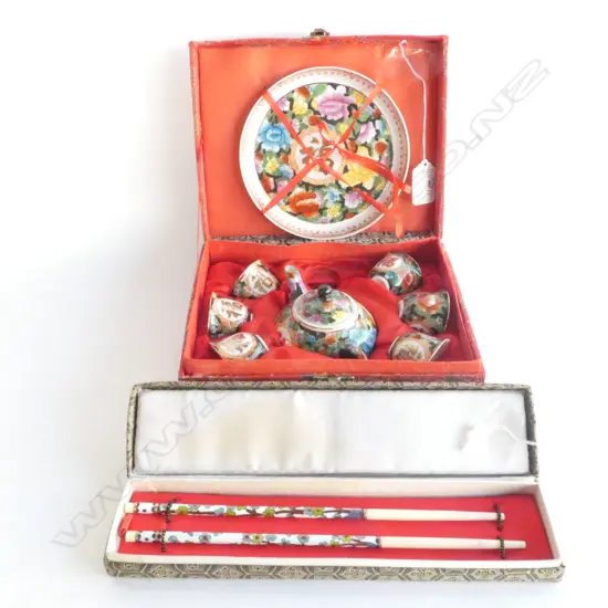 CASED CLOISONNE CHOPSTICKS + CASED CHINESE TEA SET
