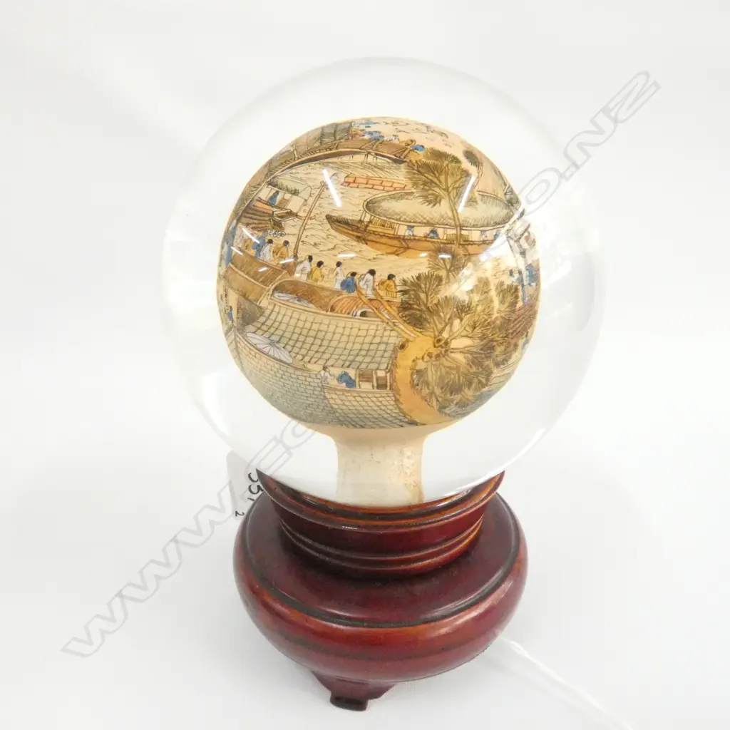 CHINESE REVERSE PAINTED GLASS GLOBE PAPERWEIGHT ON WOODEN STAND H. 165MM Image 1++