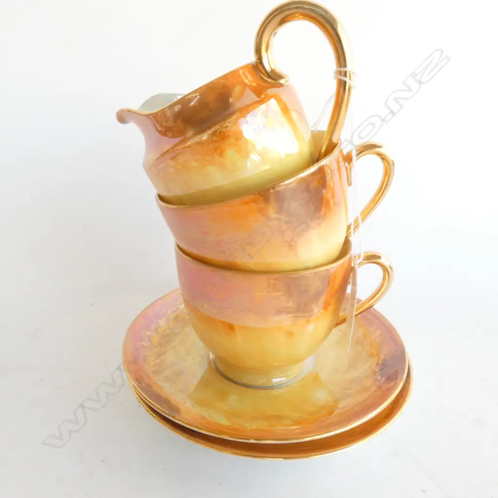 PAIR ORANGE LUSTRE DEMITASSE CUPS/SAUCERS & CREAMER Image 1++