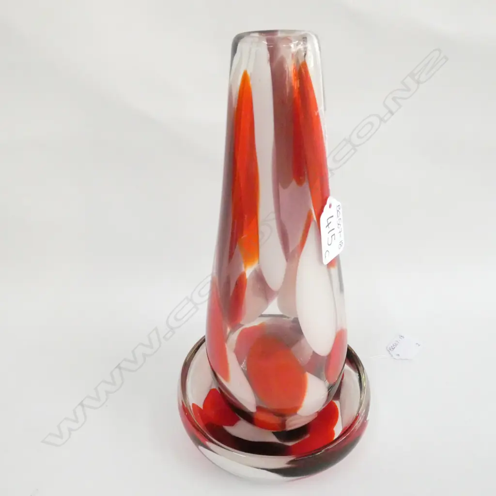 HAND BLOWN GLASS BOWL (DIA. 145MM) & VASE (H.275MM) BLACK RED & WHITE.  Image 1++