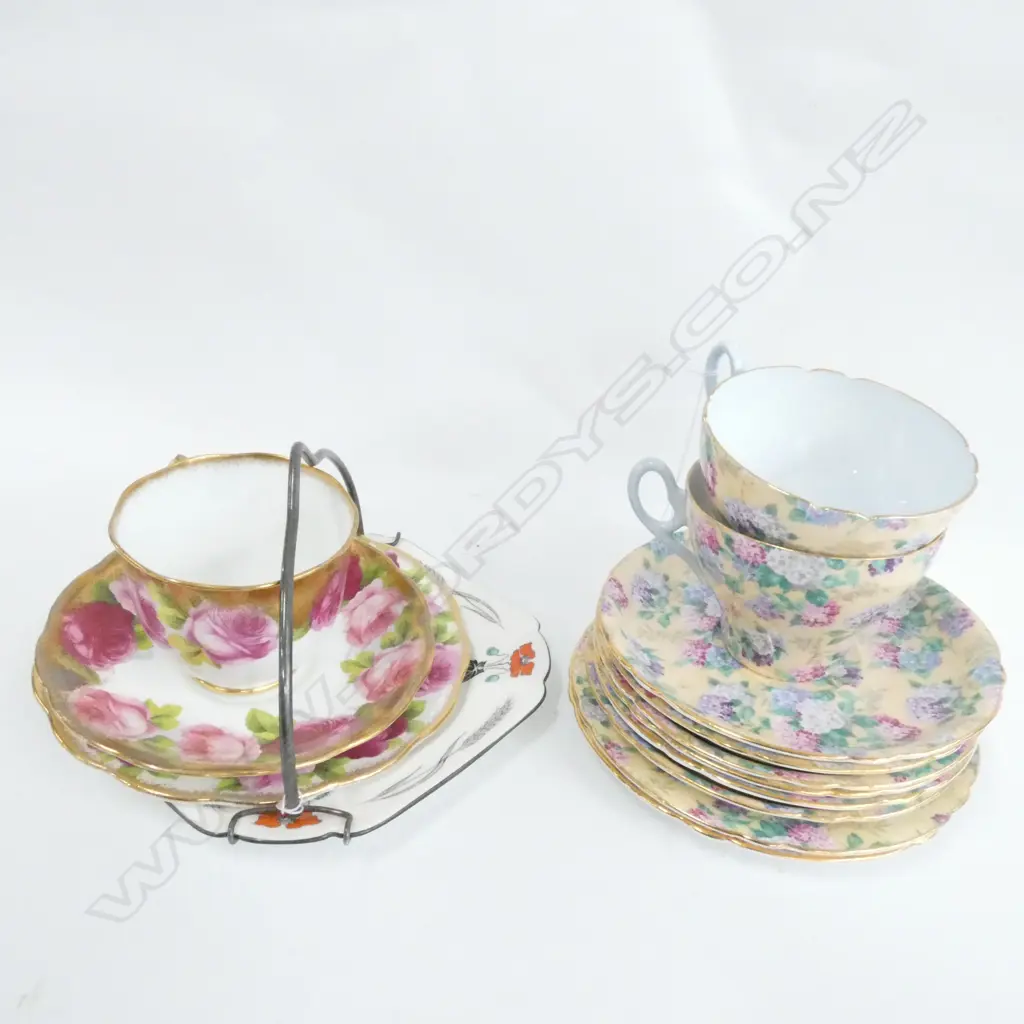 TWO SHELLEY TRIOS + SPARES, PLATE WITH HANDLE & ROYAL ALBERT OLD ENGLISH ROSE GILDED TRIO Image 1++