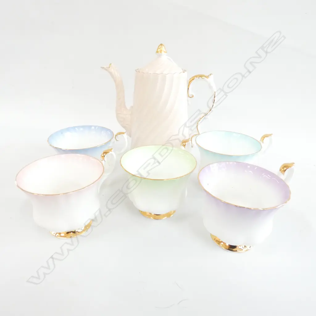 5 PCE R/ALBERT 'RAINBOW' CUPS, ANYSLEY COFFEE POT (POT A/F) Image 1++