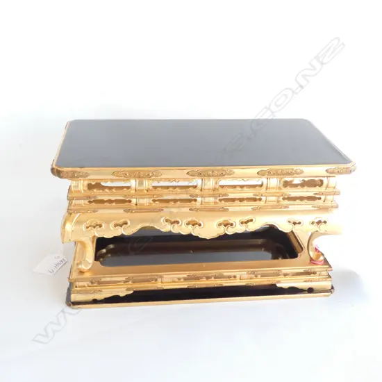 ORIENTAL GILT & BLACK LACQUER FANCY TABLE STAND RECTANGULAR 