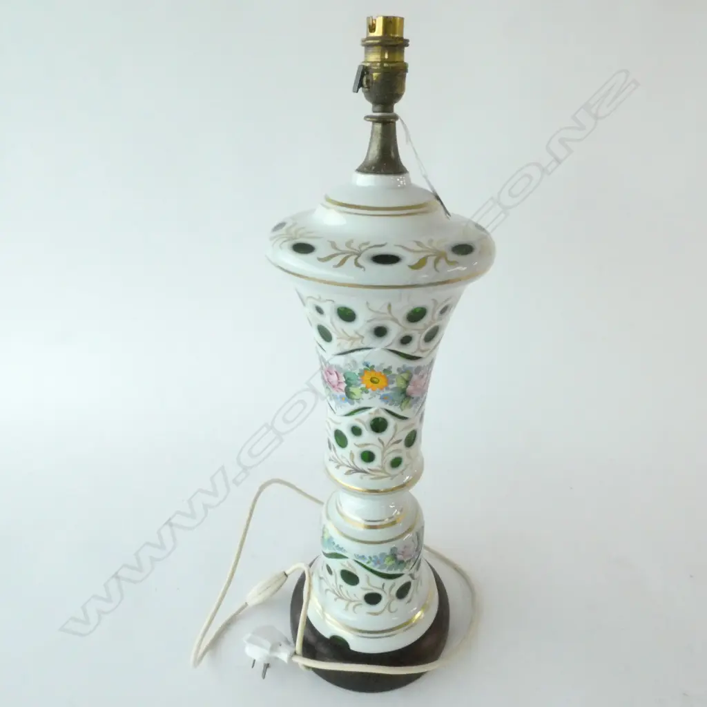 LG HUNGARIAN PORECLAIN & GLASS TABLE LAMP, WOODEN BASE, H. 570MM Image 1++