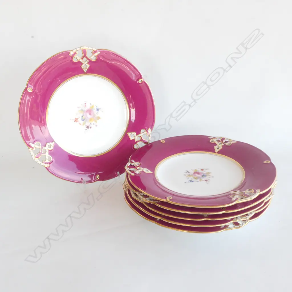 SIX EUROPEAN PLATES, WIDE BURGUNDY PIERCED RIM. DIA 225MM Image 1++