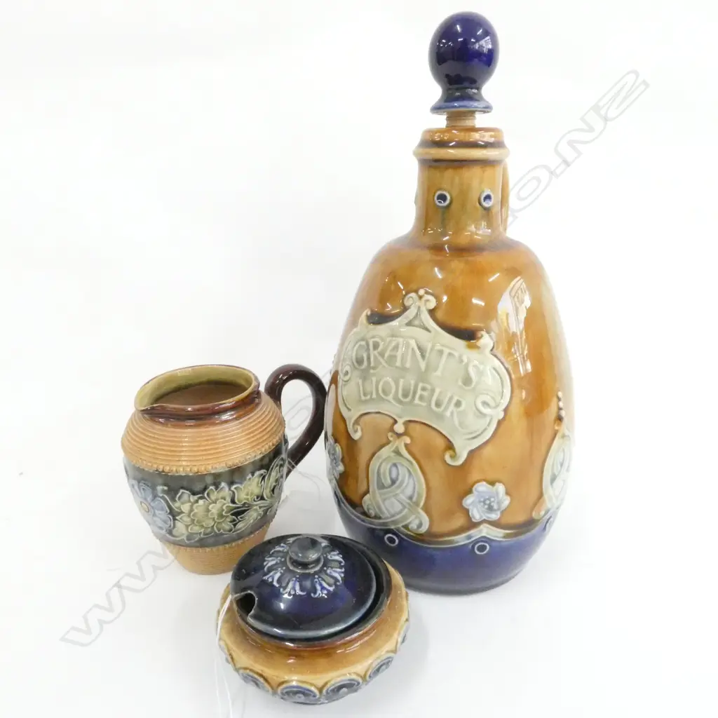 DOULTON LAMBETH GRANTS LIQUEUR FLASK H 230 MM REPAIR TO HANDLE + SMALL JUG + LIDDED POT Image 1++