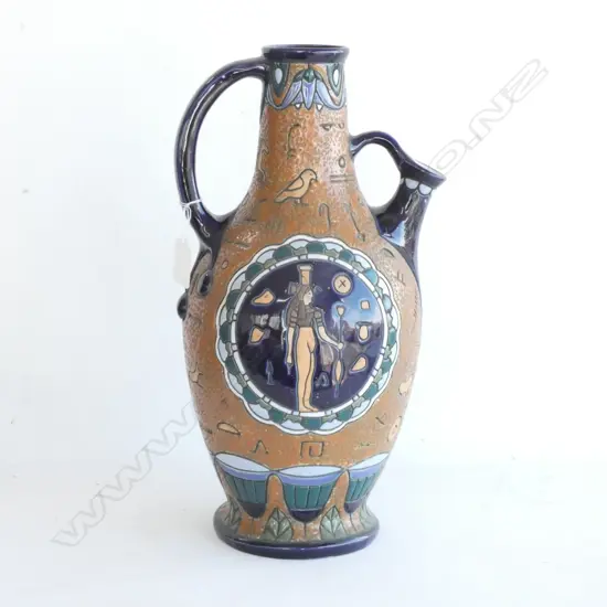 LARGE 'EGYPTIAN' PATTERN AMPHORA CHINA EWER & GERMAN CERAMIC FIGURE OF A COBBLER