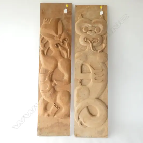 2 BRYAN MCCURRACH MAORI WOODEN PANEL CARVINGS 1205 X 290MM