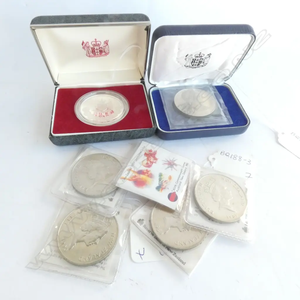 7 NZ $1 COINS;1983 (PROOF), 1975, 3 1990 COMMONWEALTH GAMES & 2 1990 TREATY OF WAITANGI Image 1++