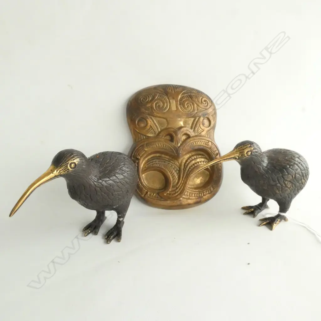 2 BRONZE KIWIS + BRASS TIKI FACE L. 160MM Image 1++