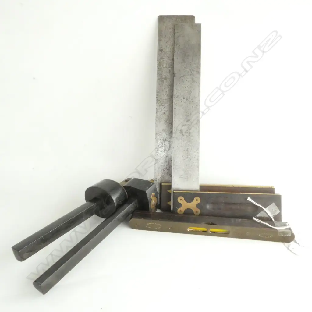 2 EBONY & BRASS MARKING TOOLS, LEVEL & 2 SET SQUARES  Image 1++