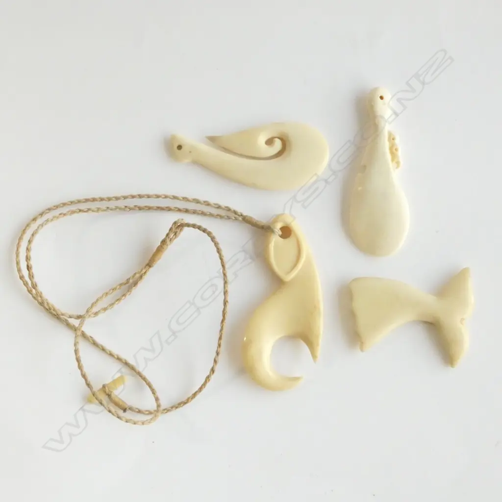 4 MAORI CARVED BONE PENDANTS; WAHAIKA. MATAU ETC Image 1++