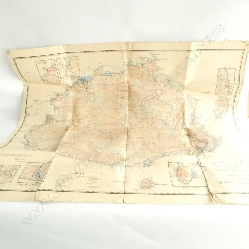 VINTAGE PAPER ON LINEN MAP OF FIJI 750 X 970MM Image 1++