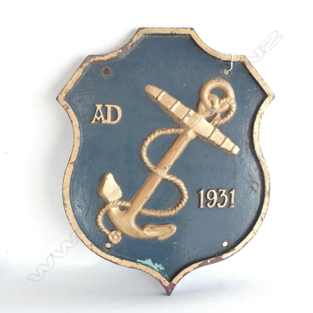 HEAVY BRONZE SHIELD PLAQUE BLUE & GOLD PAINTED FOULED ANCHOR - C1931 Image 1++