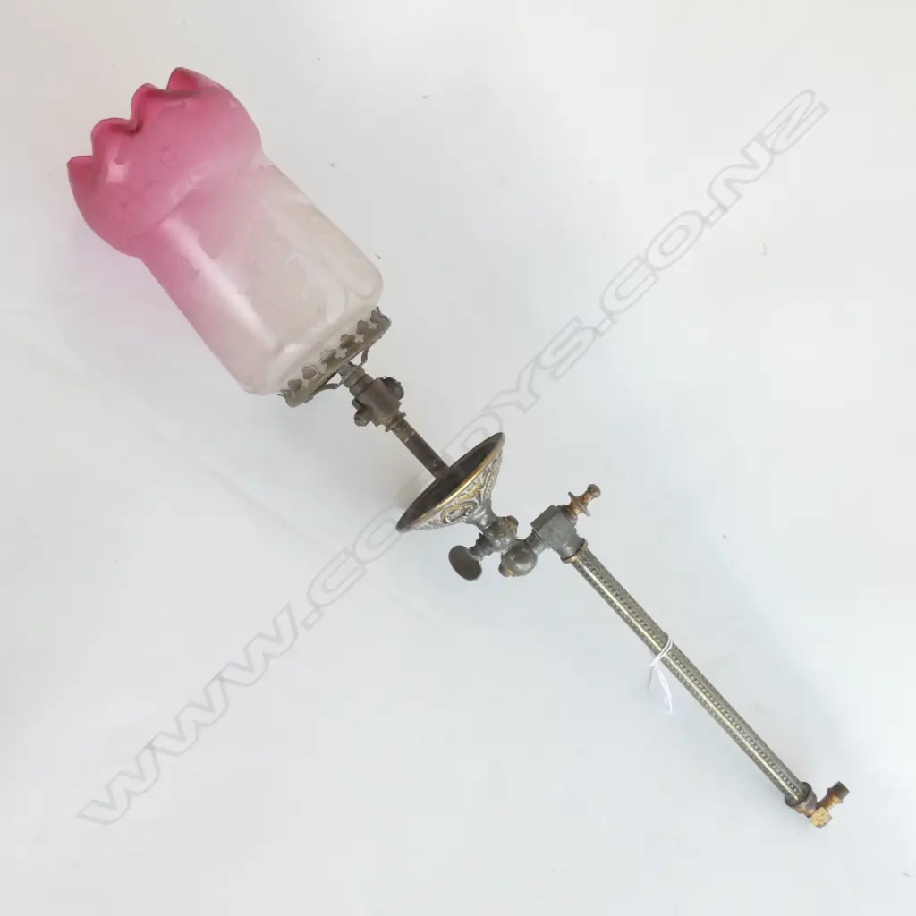 19THC GILT BRASS GAS WALL LAMP CRANBERRY SHADE Image 1++