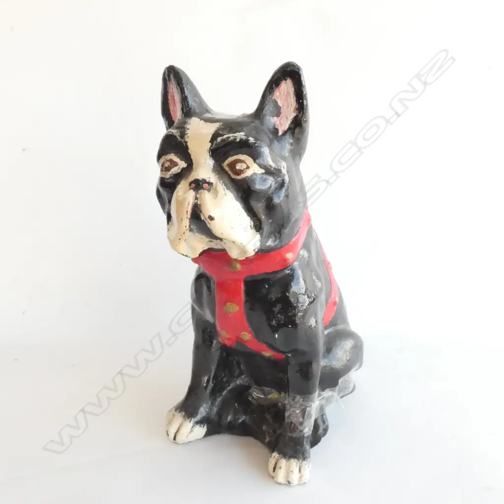 CONCRETE  BLACK & WHITE FRENCH BULLDOG WITH RED COLLAR H. 340MM. ONE FOOT NEEDS REPAIR Image 1++