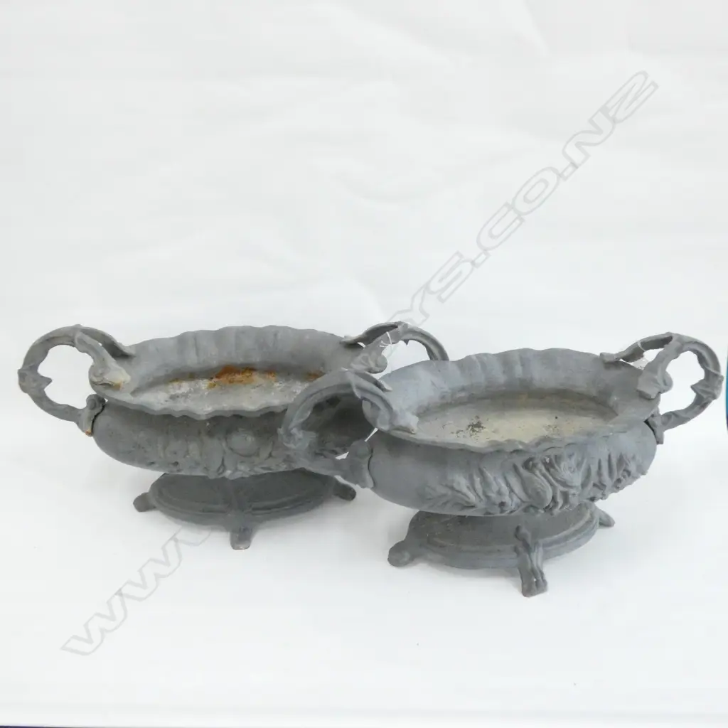 PAIR CAST IRON GARDEN PLANTERS LEAD FINISH Image 1++
