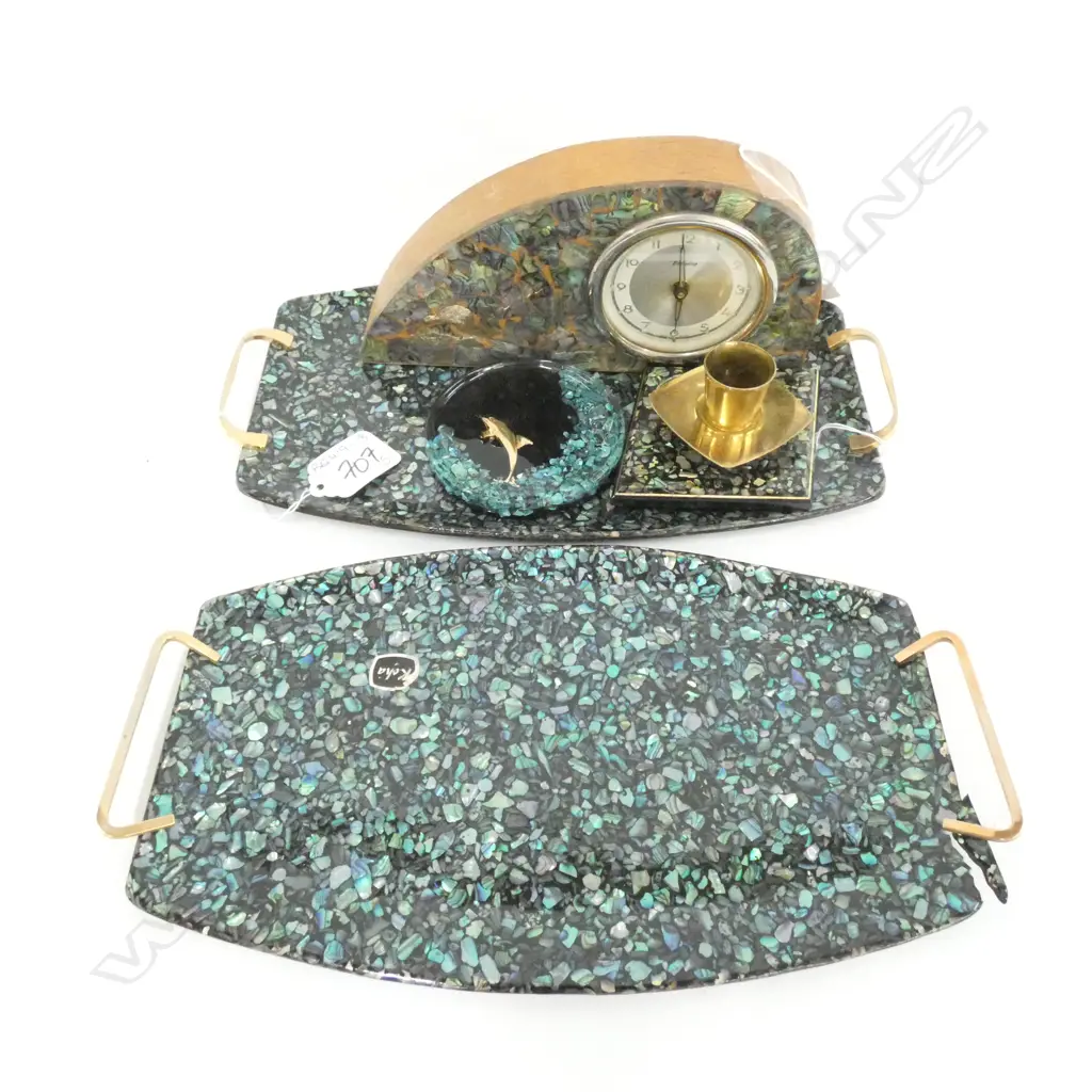 FIVE NZ PAUA SHELL ITEMS; CLOCK (L. 180MM) CANDLE HOLDER, 2 TRAYS & COASTER Image 1++
